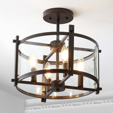 Hampdon 15" Iron/Glass Modern Drum LED Flush Mount - JONATHAN Y